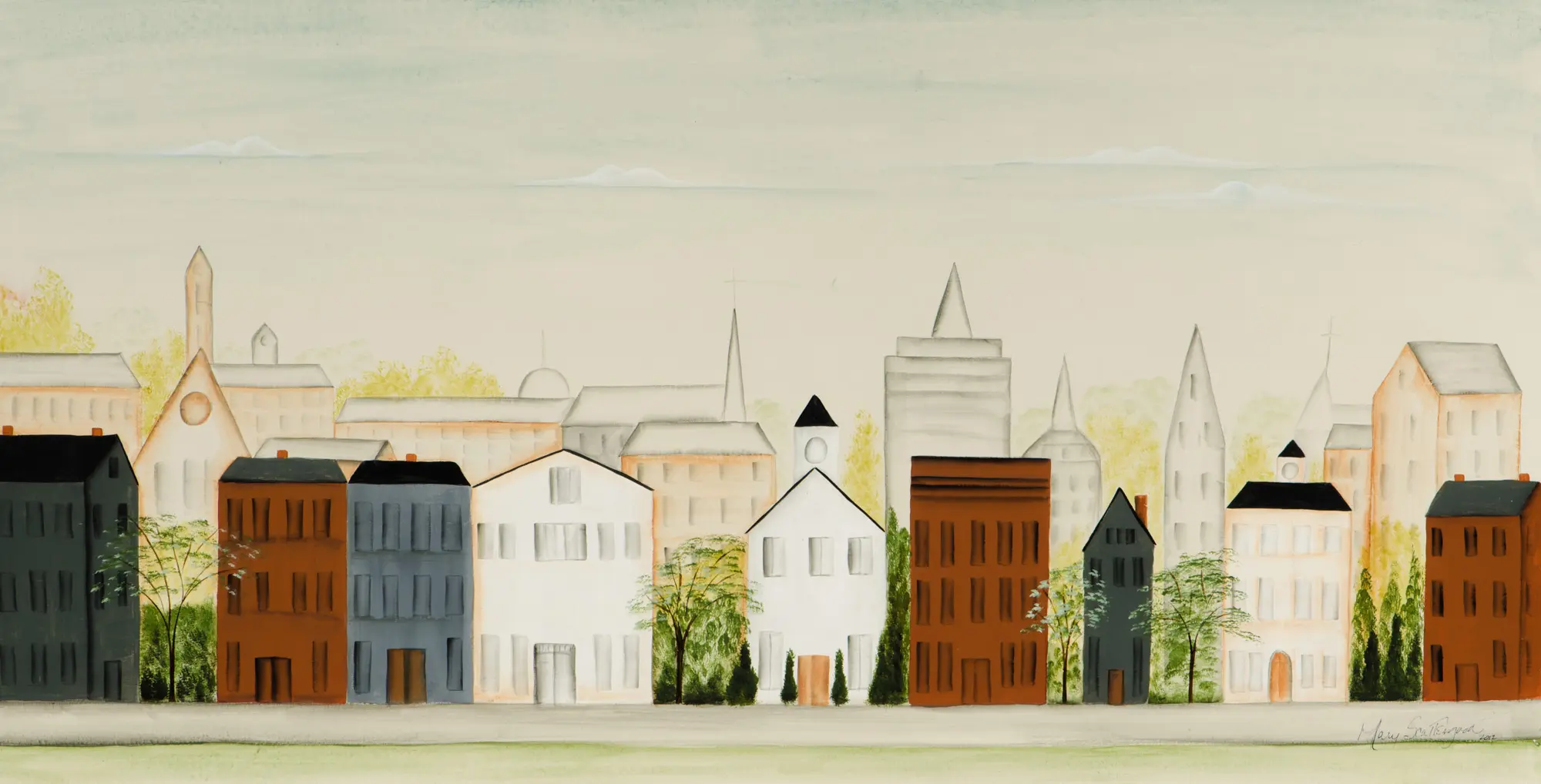 Cityscape painting with colorful buildings