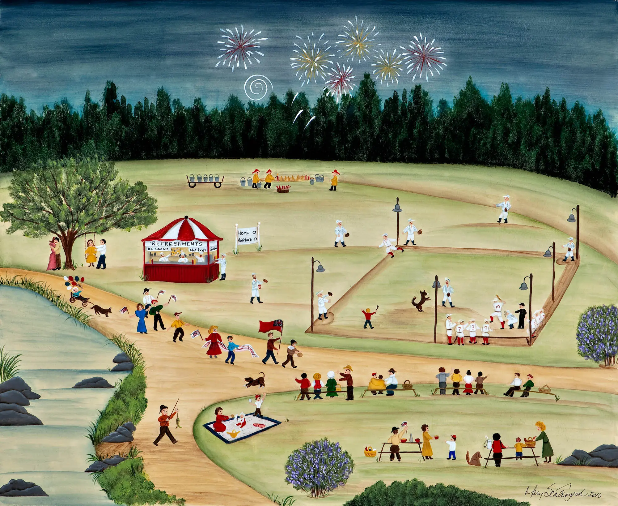 Festive gathering with activities and fireworks