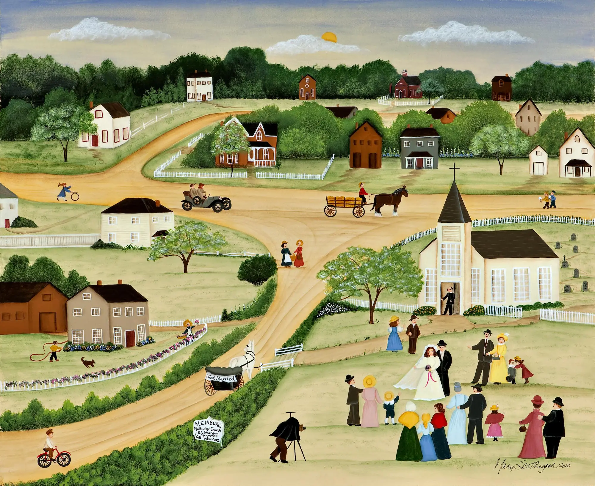 Vintage village wedding celebration painting