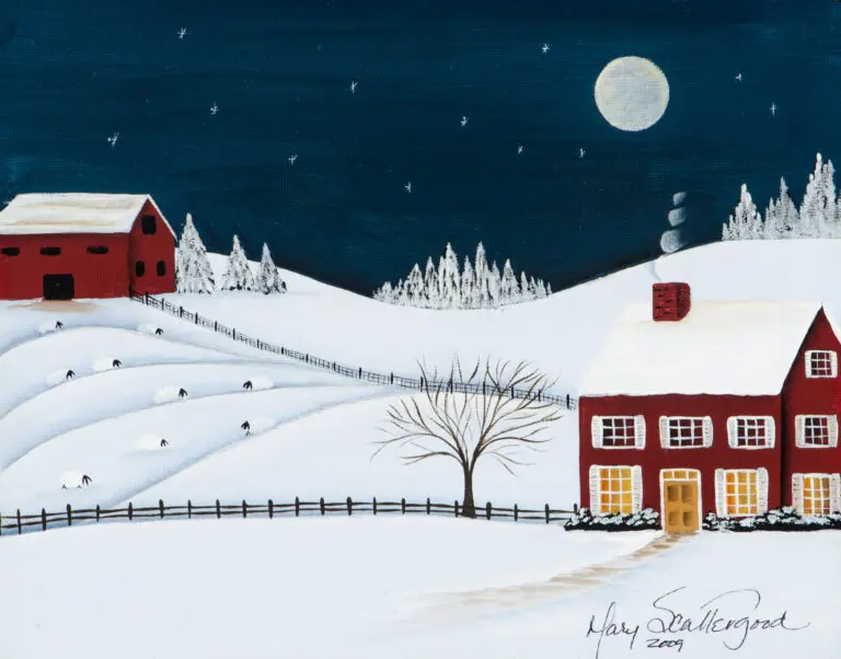 Snowy landscape with red farmhouse