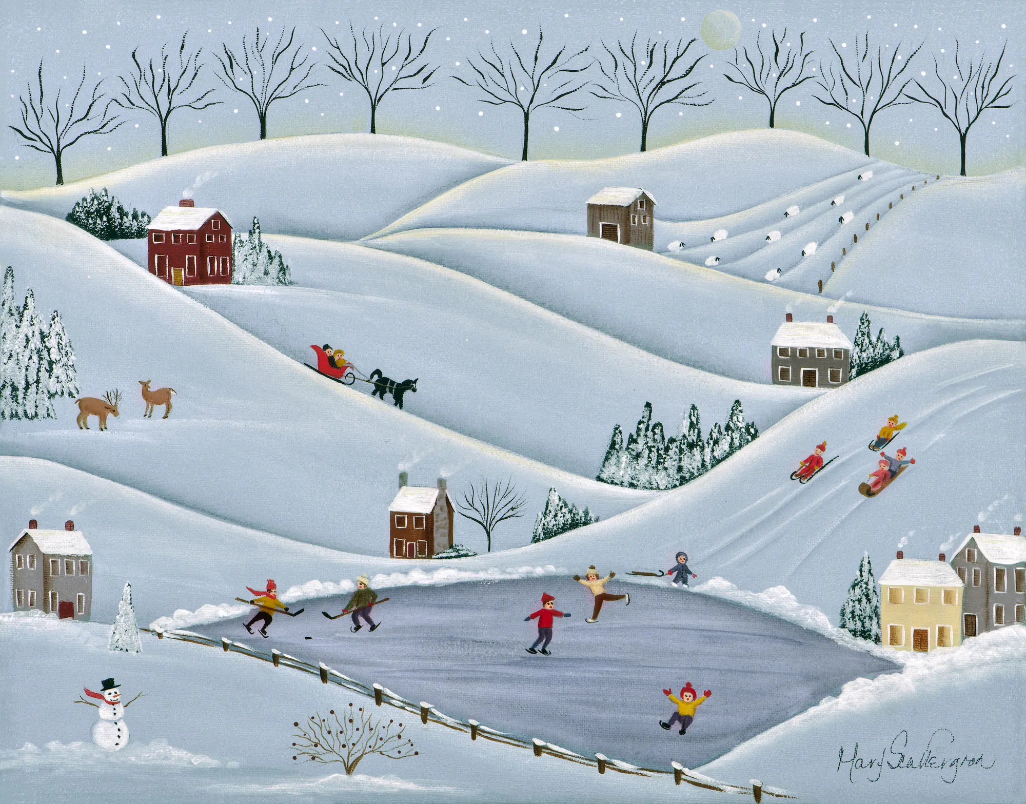 Snowy village with skaters and sledders
