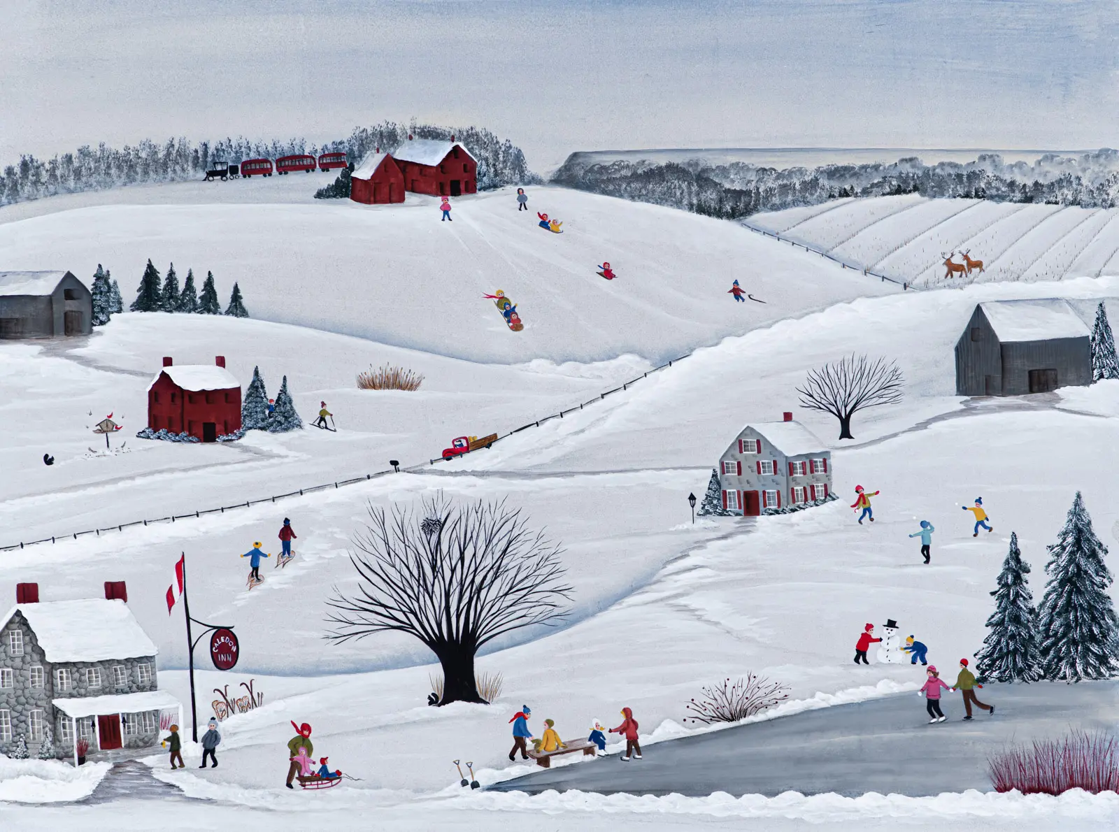 Snowy landscape with children playing