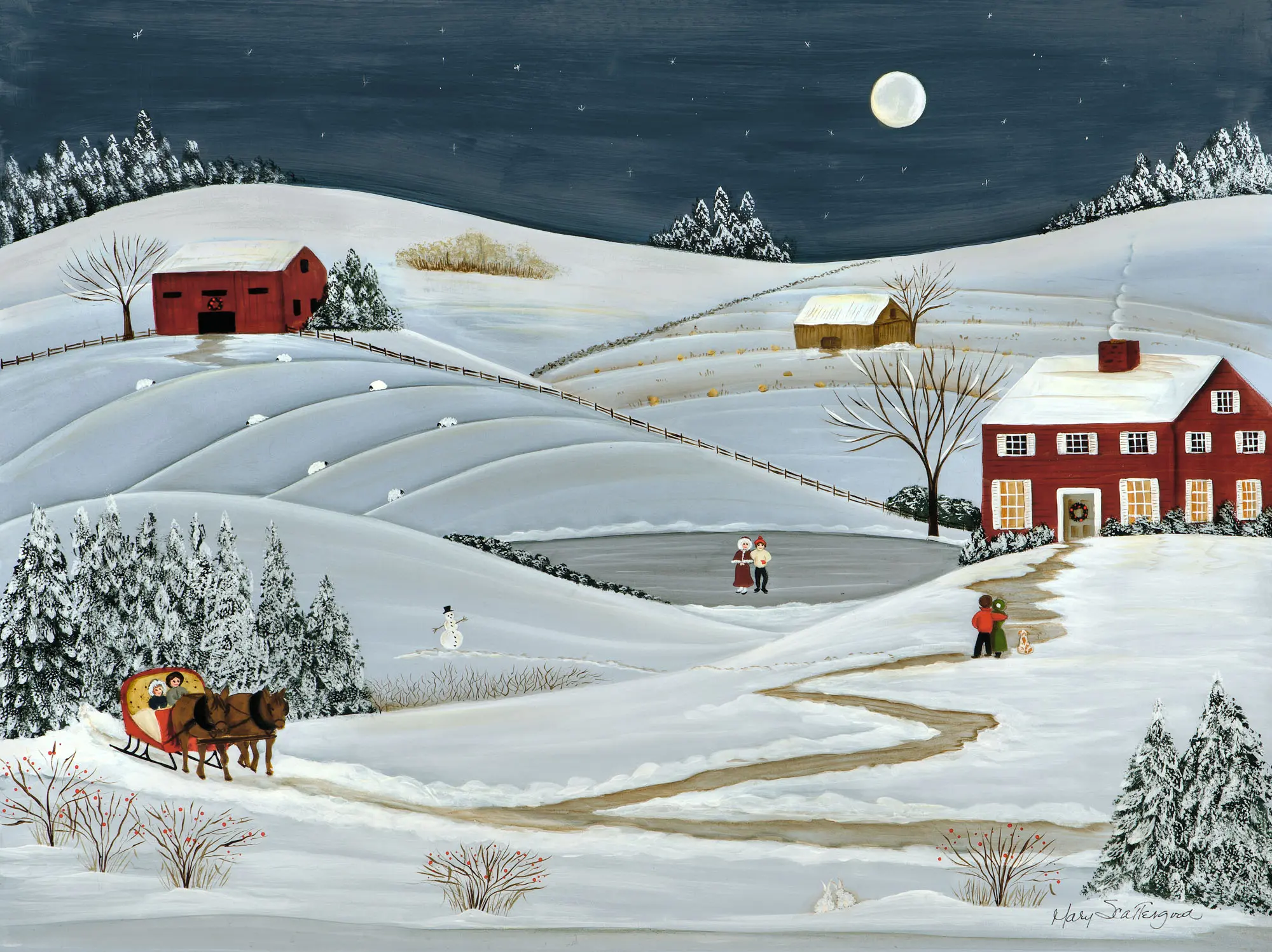 Horse-drawn sleigh on snowy path