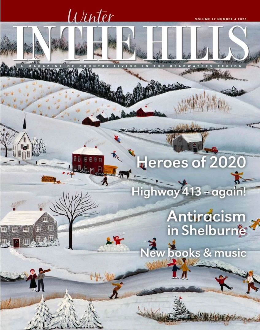 Winter scene with people and houses