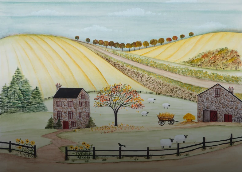 Countryside painting with farmhouse and fields