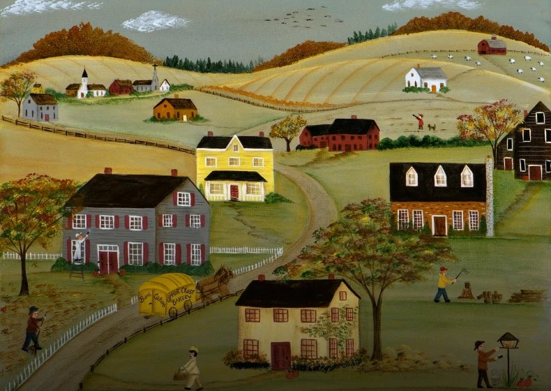 Colorful rural village landscape painting